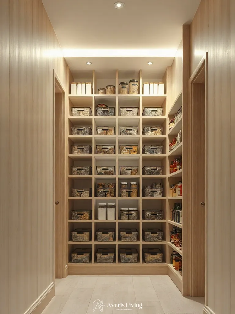 Vertical volume optimization with pantry organization bins and labels.