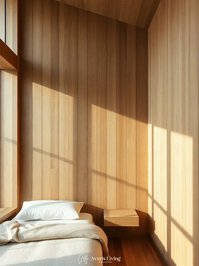 Vertical wall paneling framing floating nightstands in a compact modern bedroom