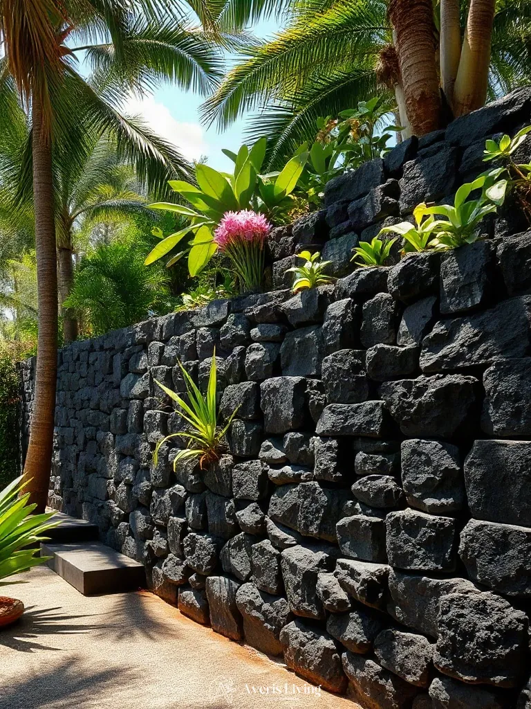 Lava rock retaining wall in a tropical backyard