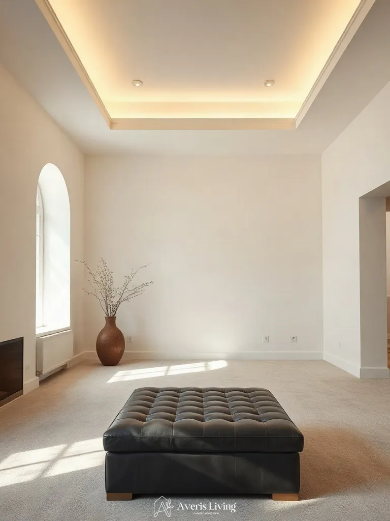 Warm 2700K perimeter cove lighting illuminating a dark charcoal leather storage ottoman
