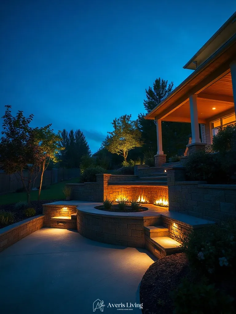 Warm 2700K LED lighting under coping stones in a backyard retaining wall