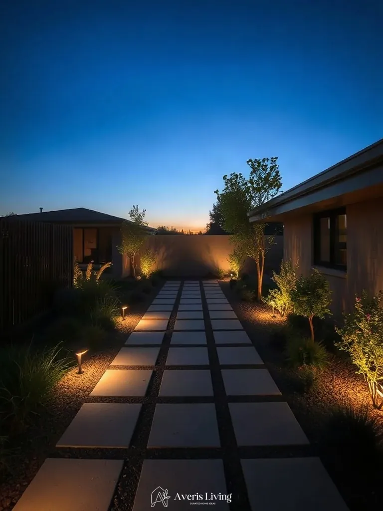 Warm 2700K low-voltage illumination highlighting low maintenance backyard landscaping.