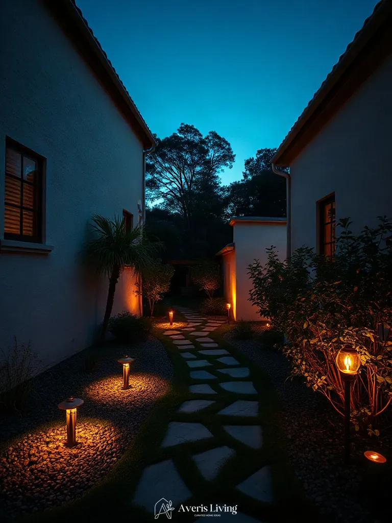 Warm low-voltage lighting in fairy backyard landscaping makeover