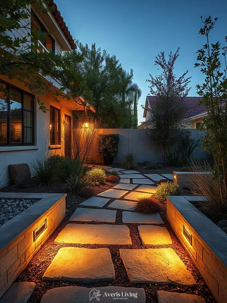 Warm 2700K LED lighting recessed under coping along a garden pathway