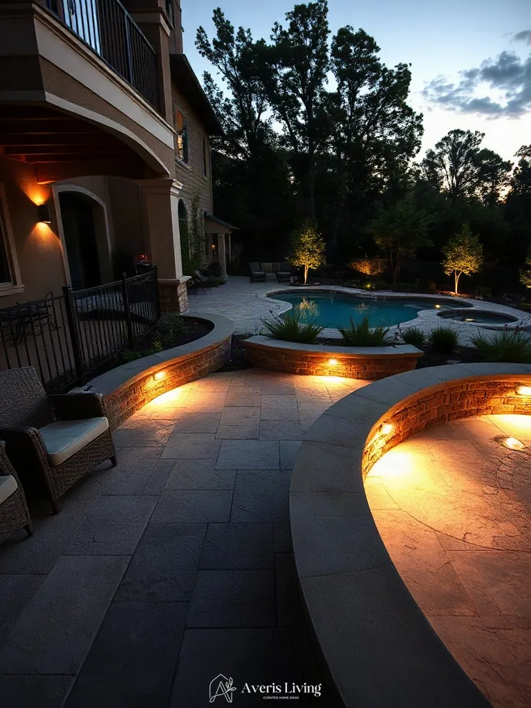 Warm 2700K low-voltage LED lights recessed under stone retaining wall coping