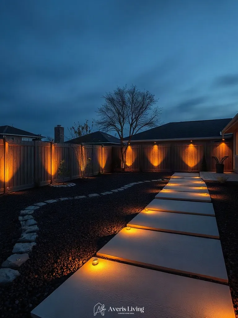 Warm ambient uplighting highlighting backyard stepping stones at dusk