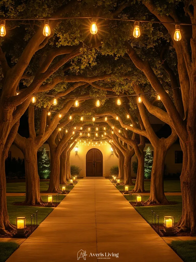Tree uplighting combining with an overhead string light canopy