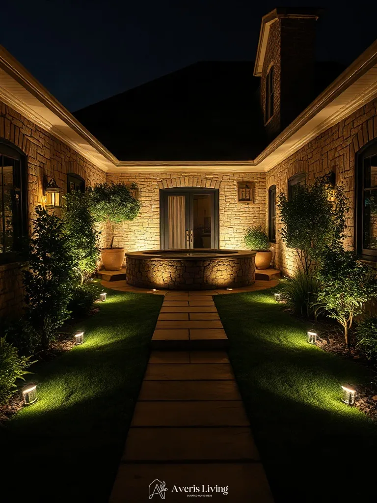 Warm ambient landscape uplighting illuminating a high-end backyard at night