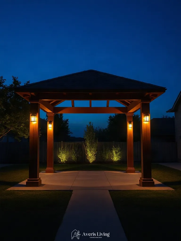 Warm ambient uplighting on an aesthetic backyard gazebo design at twilight