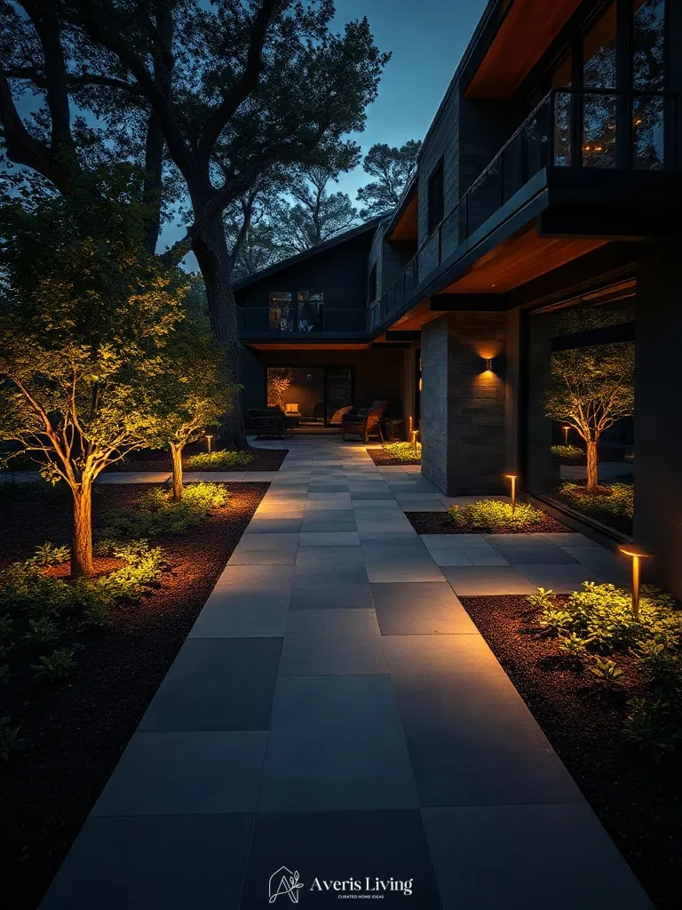 Warm ambient uplighting on shade backyard stepping stones before and after