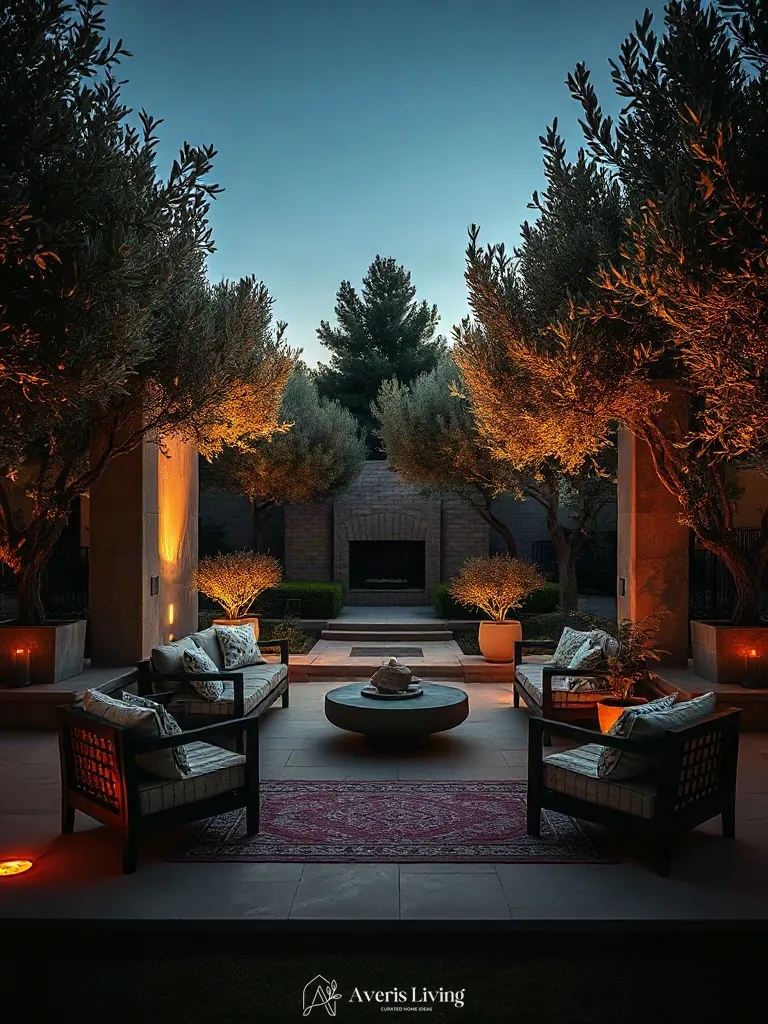 Warm ambient uplighting highlighting boho patio seating ideas during twilight.