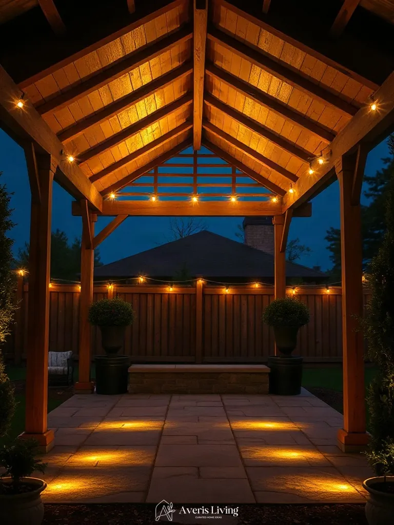 Warm ambient uplighting highlighting a gazebo at twilight