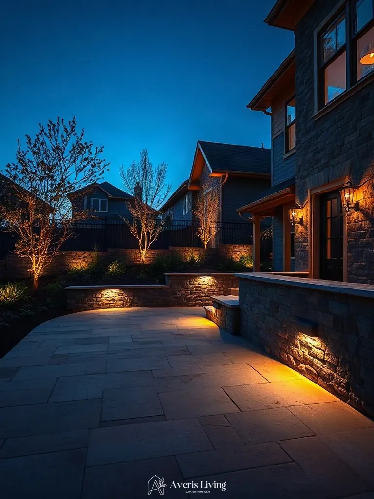 Retaining wall highlighted with warm uplighting