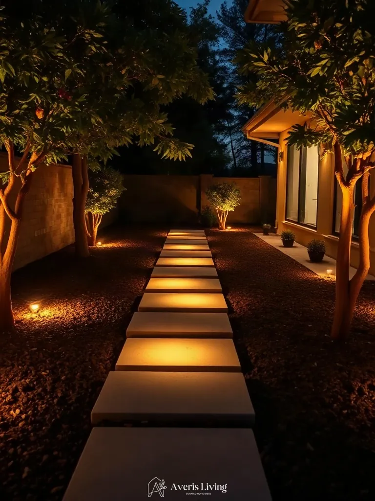 Warm uplighting highlighting backyard stepping stones at night