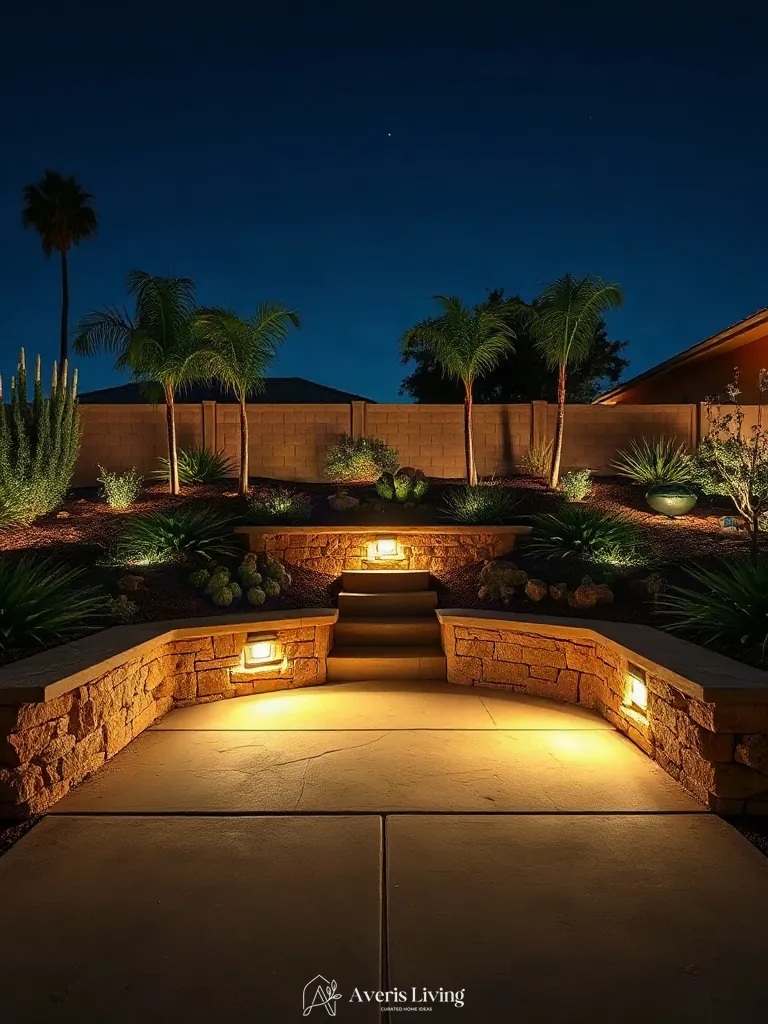 Warm ambient uplighting on a drought tolerant backyard retaining wall