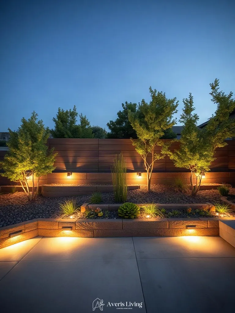 Warm ambient uplighting on a backyard retaining wall at dusk