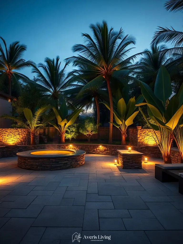 Warm uplighting on a tropical backyard retaining wall at twilight