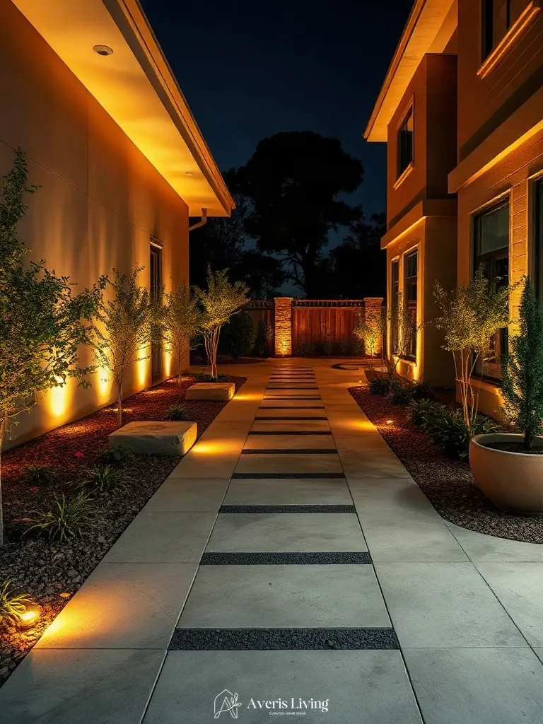 Ambient uplighting highlighting a modern backyard stepping stones design at night
