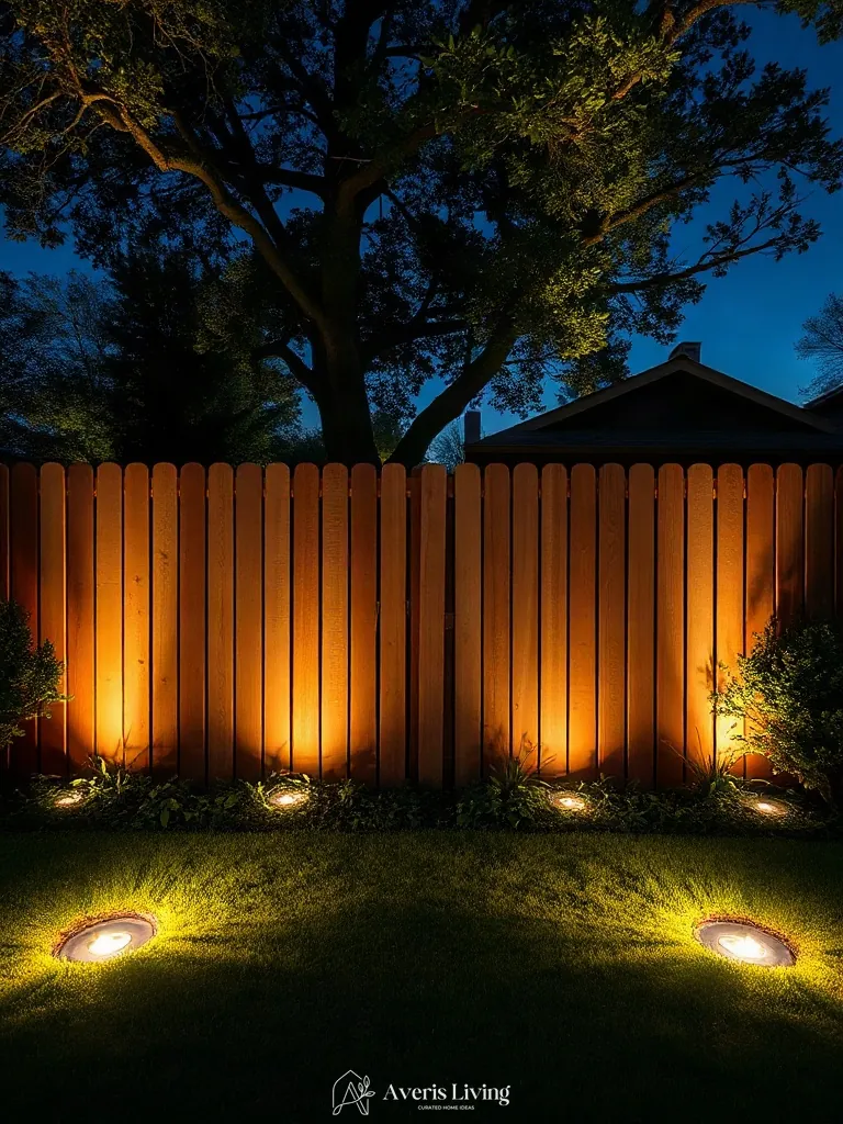 Warm uplighting highlighting wooden privacy fence at night