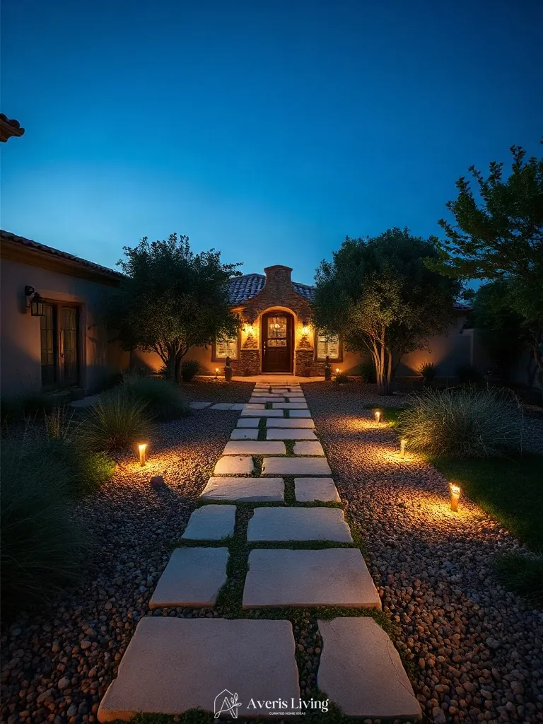Warm ambient uplighting highlighting backyard stepping stones at dusk