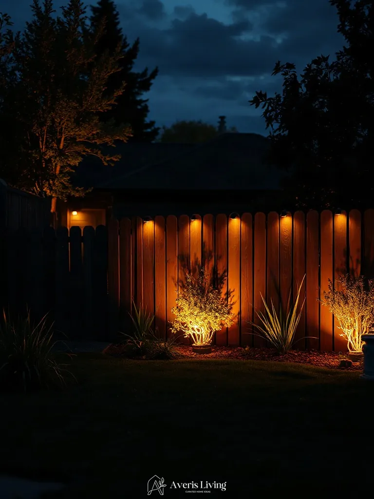 Ambient uplighting on rustic backyard fence