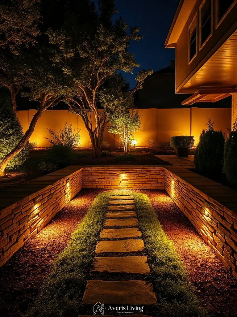 Ambient uplighting on backyard retaining wall