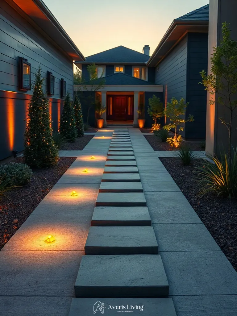 Ambient uplighting on a modern backyard stepping stones makeover