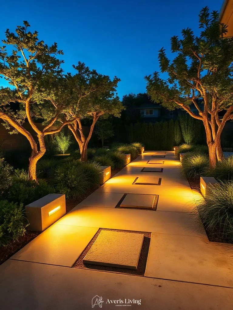 Warm uplighting accentuating modern stepping stones at dusk