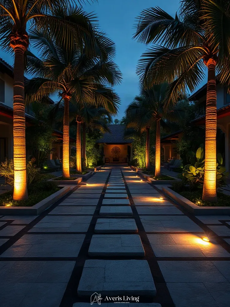 Warm ambient uplighting illuminating backyard stepping stones at night