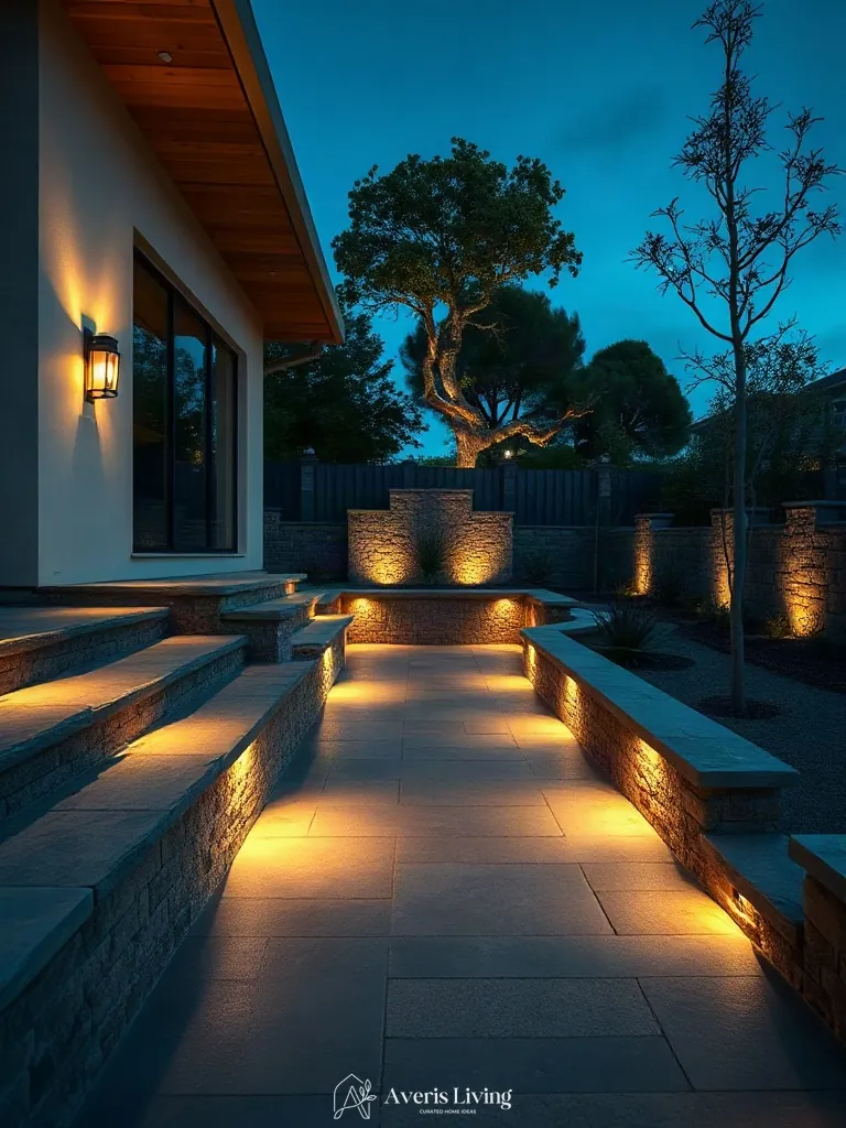 Warm uplighting on modern backyard retaining walls at dusk