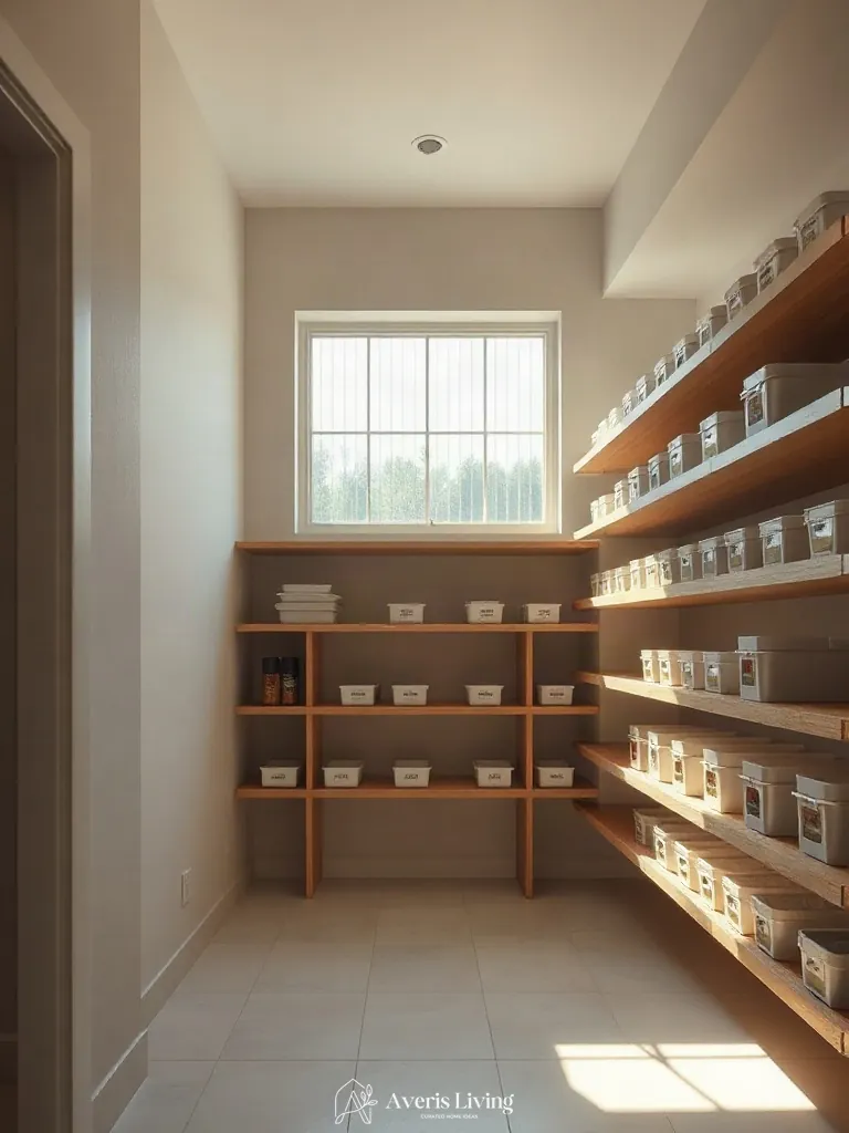 Diffused daylight catching high-end pantry organization bins and labels.