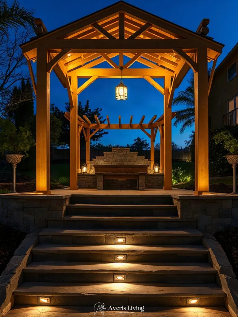 Warm LED strip lights beneath stone walls highlighting a backyard gazebo