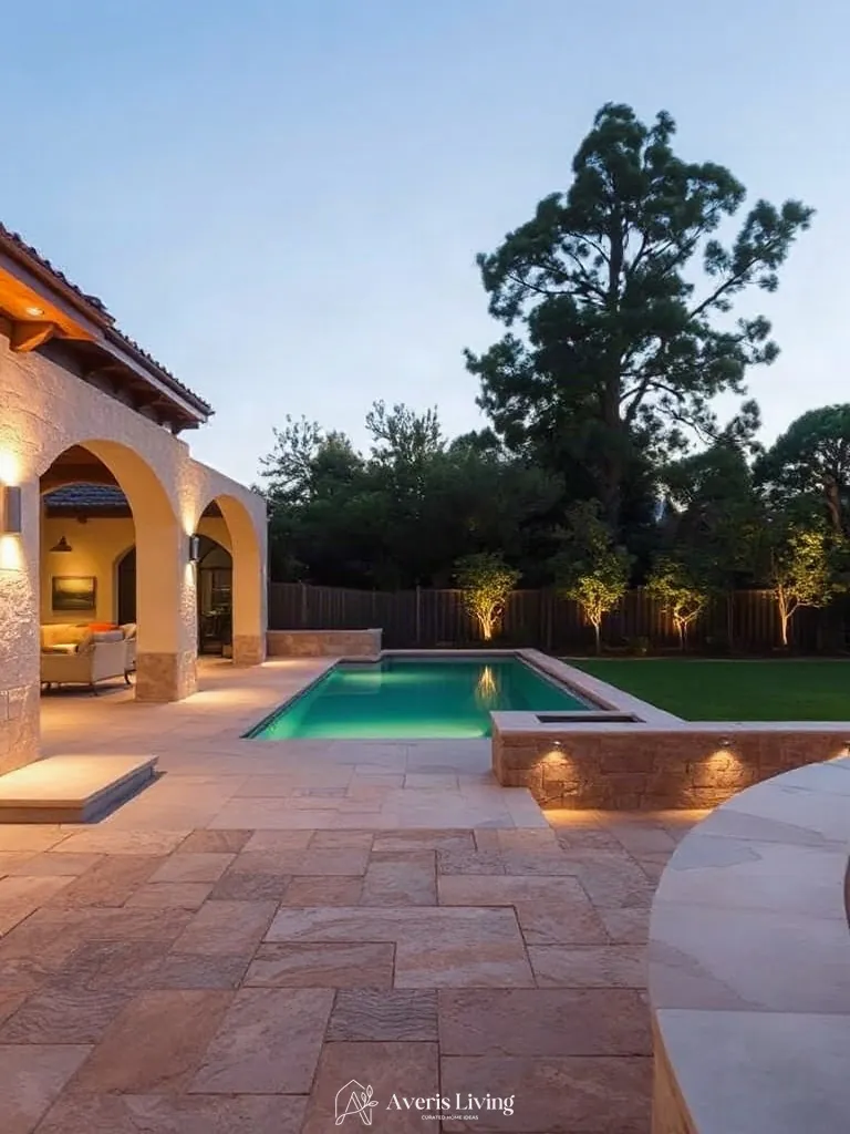 Warm material palette of limestone and cedar for a luxury backyard shed before and after