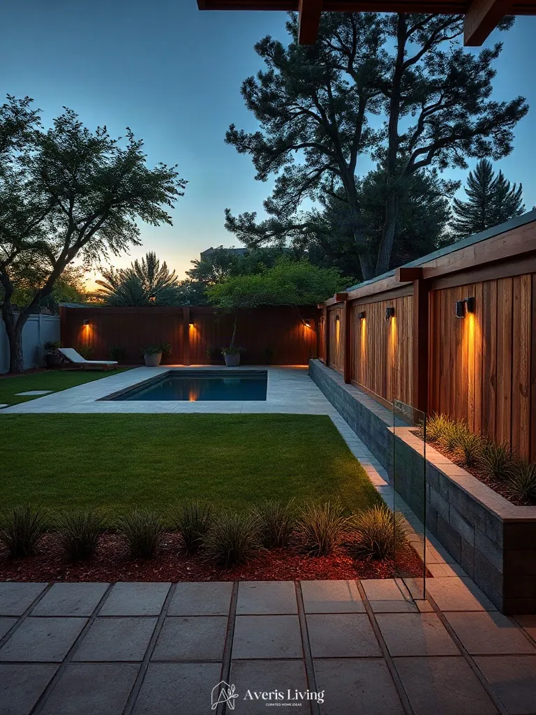 Limestone coping, weathered cedar, and textured fabric in boho backyard privacy fence makeover