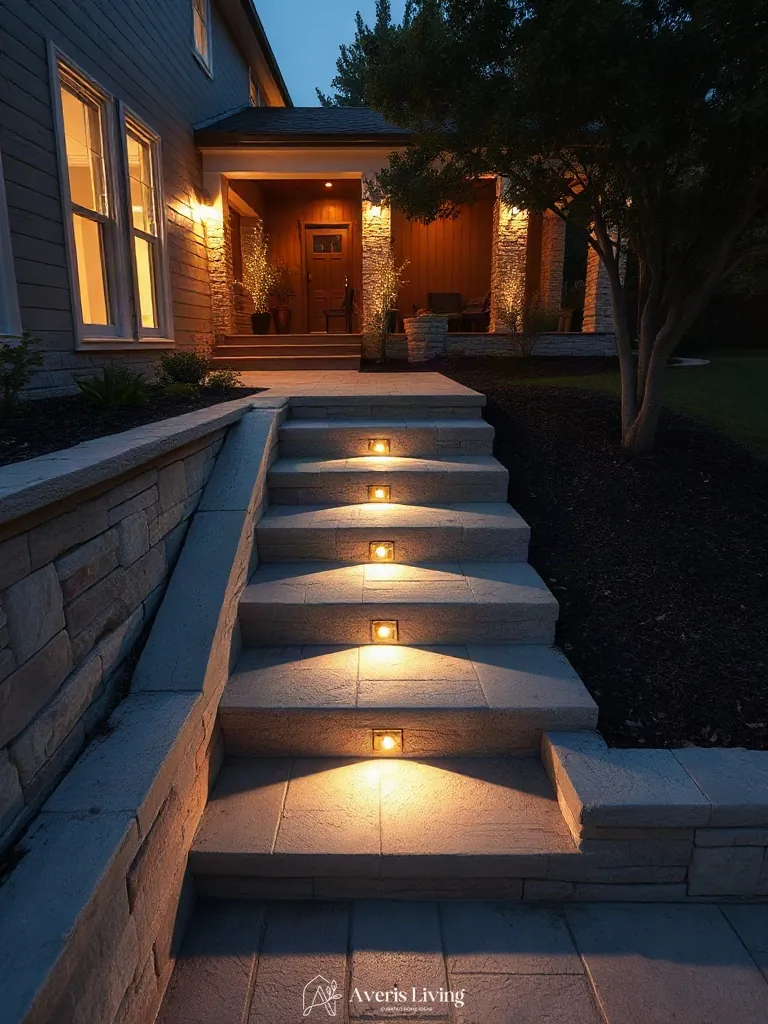 Warm pathway marker lights and step illumination on a terraced retaining wall