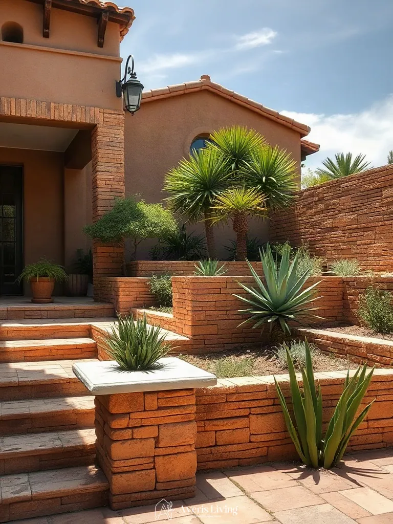 Terracotta-hued stacked block retaining wall