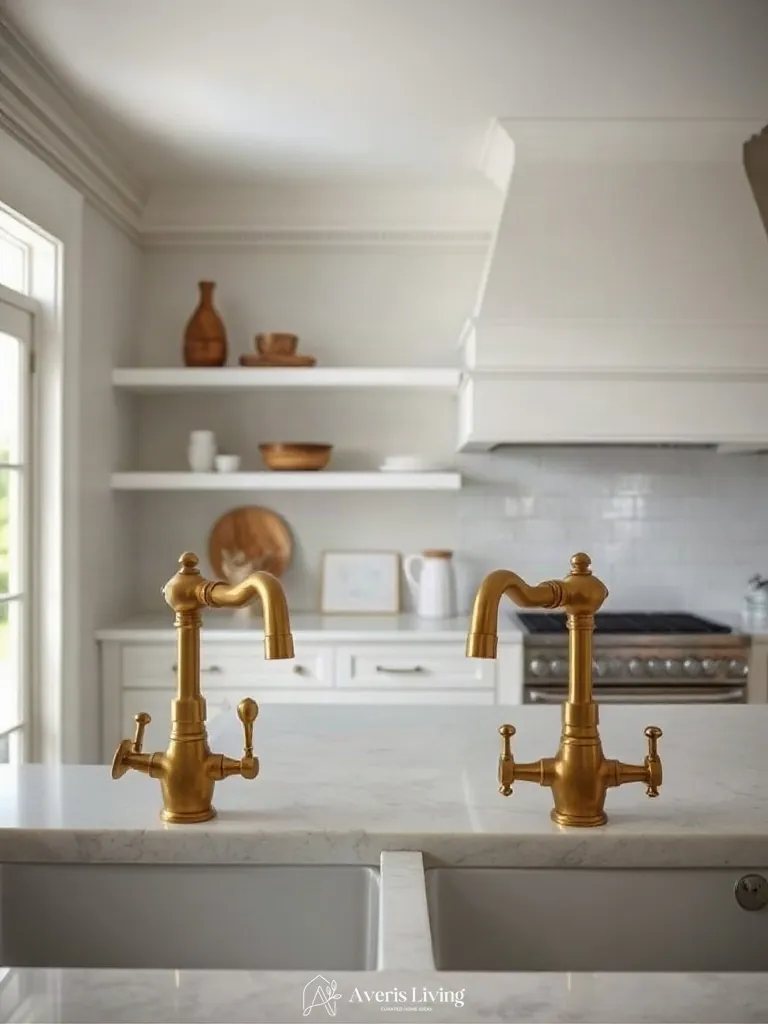 Brushed brass accents in an open shelving farmhouse kitchen