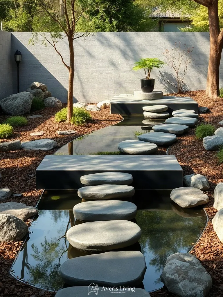 Water feature connection via shade backyard stepping stones before and after