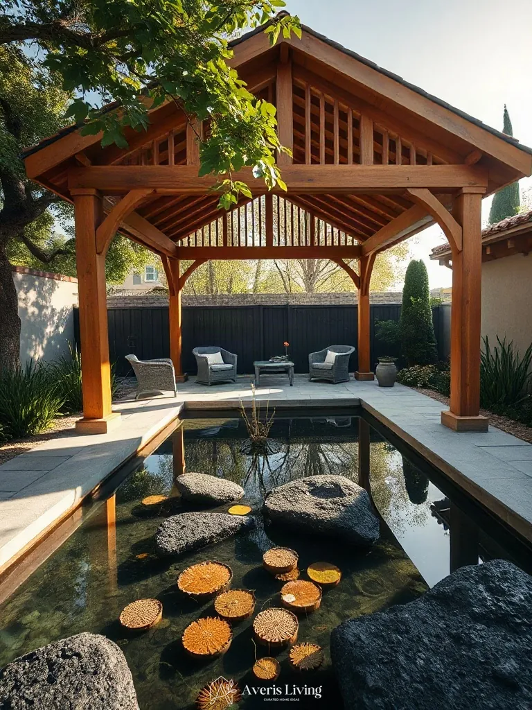 Tranquil water feature positioned beside a backyard gazebo