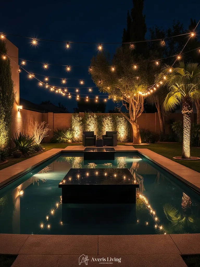 Reflecting pool mirroring overhead string lights