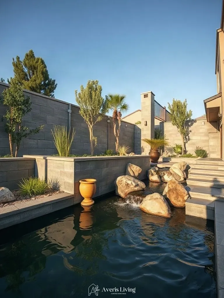 Water feature waterfall built into retaining wall