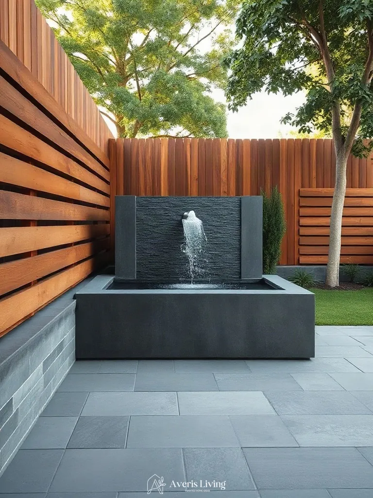 Water fountain feature integrated into privacy fence