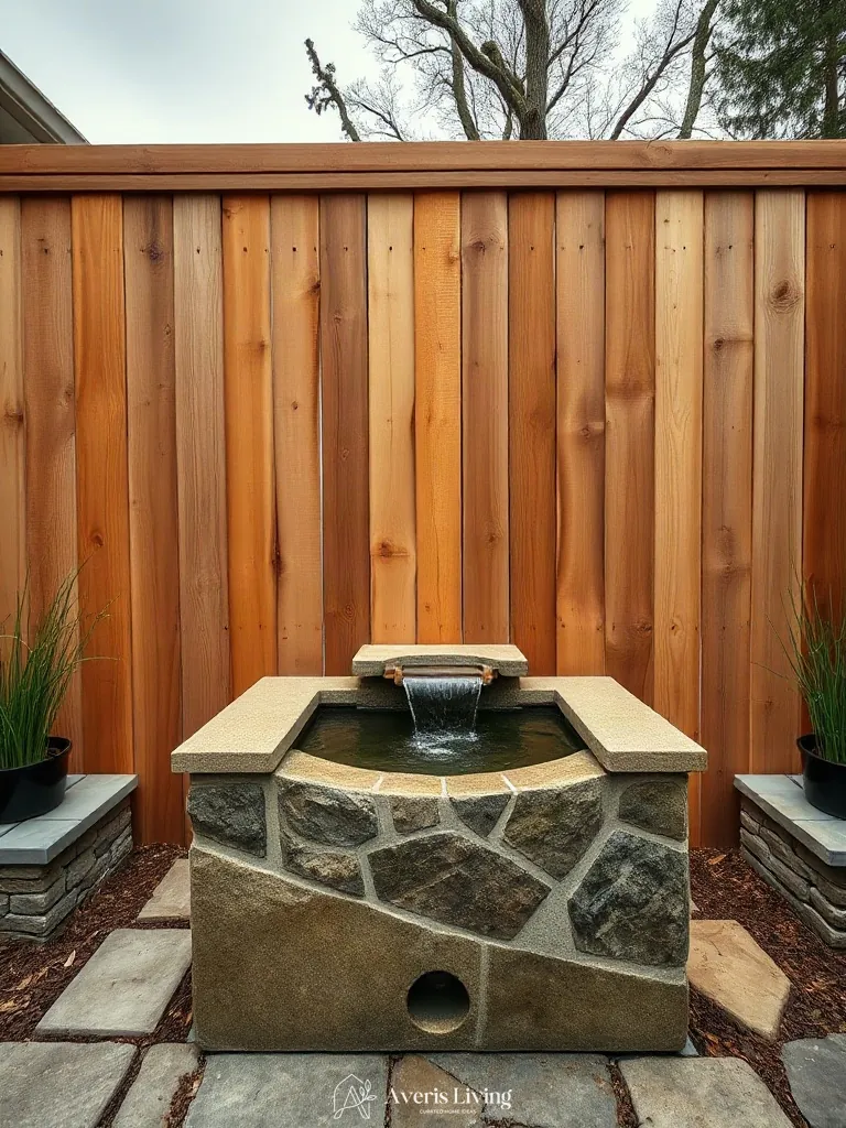 Water feature anchored by rustic fence layout