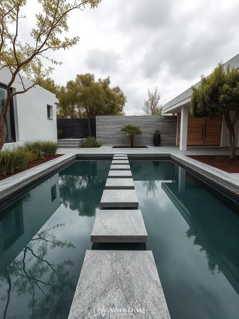 Floating stepping stones crossing a modern backyard reflecting pool
