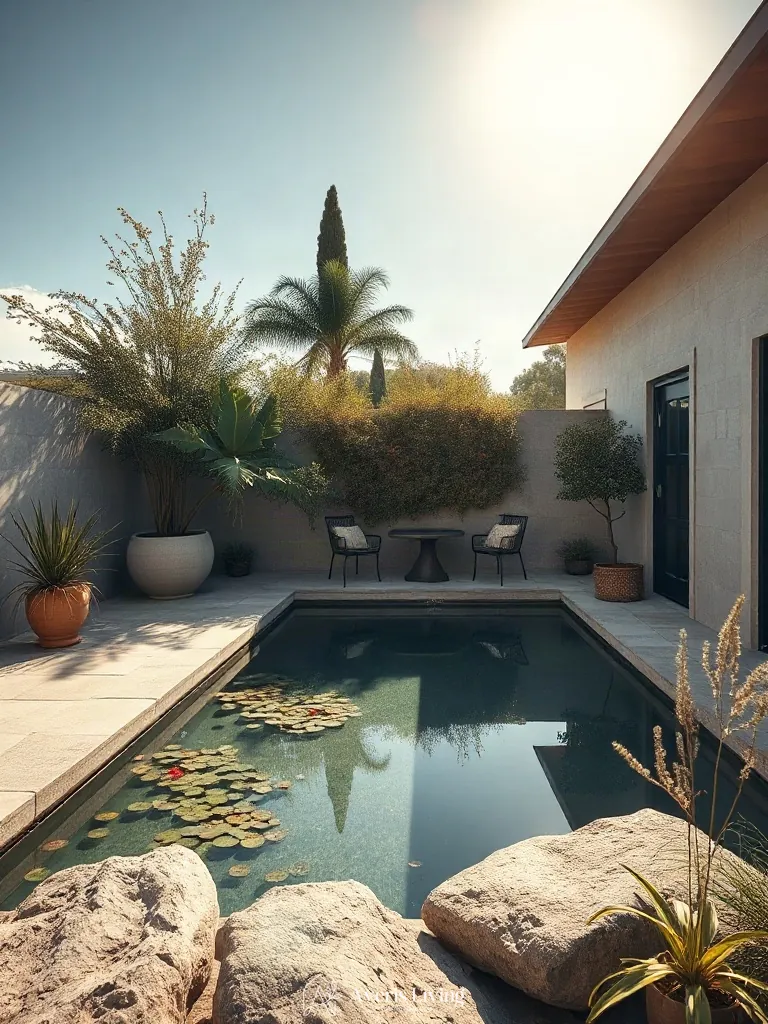 Tranquil reflecting pool positioned near boho patio seating ideas on a terrace.