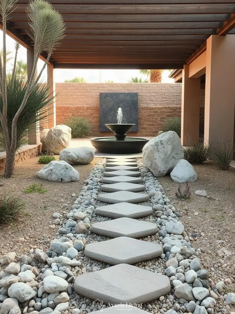 Stepping stones leading to a water feature in a dry landscape