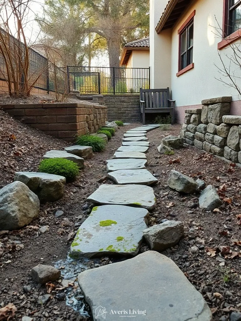 Weathered organic stepping stones in a backyard landscape