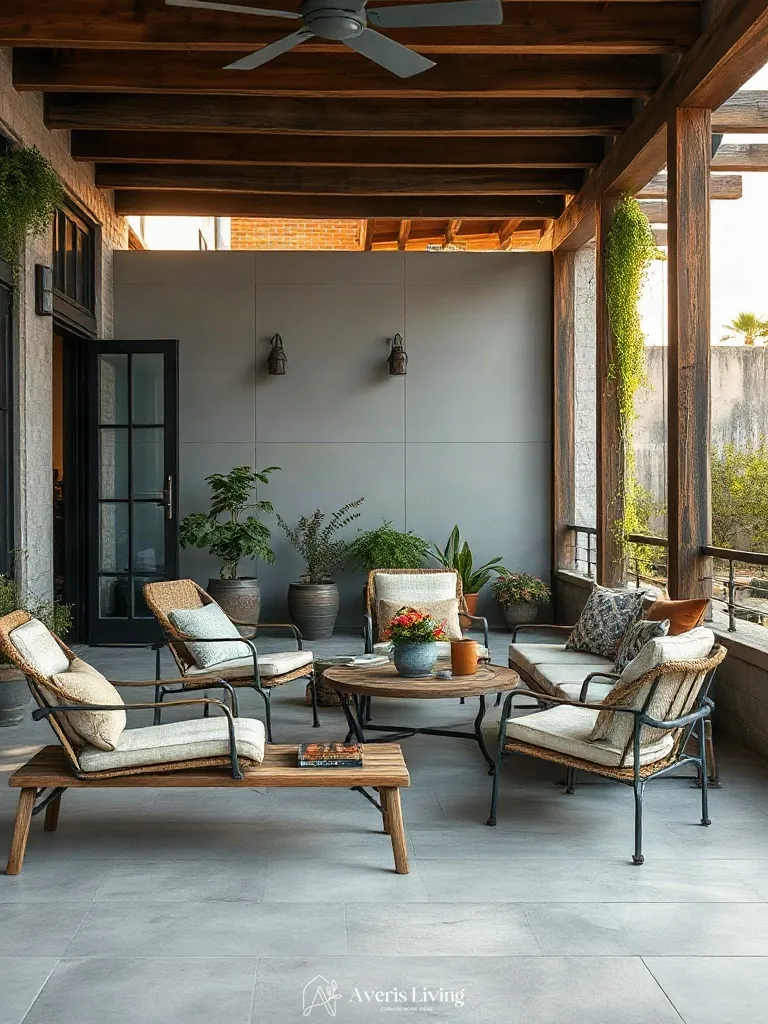 Weathered and organic finishes highlighting authentic boho patio seating ideas.