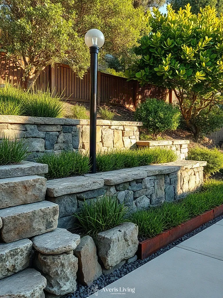 Weathered organic finishes on a drought tolerant backyard retaining wall