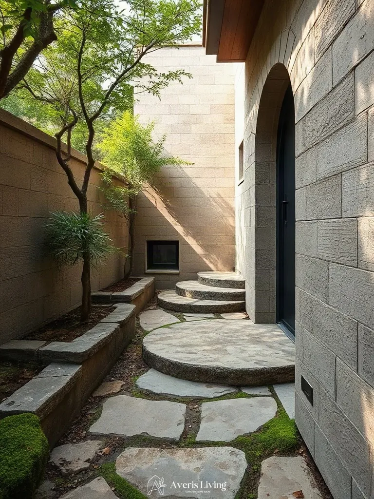 Weathered stone finishes within a modern backyard stepping stones makeover